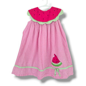 RARE EDITIONS Vintage Girls 6X Watermelon Dress Pink Gingham Seersucker Applique